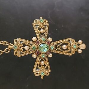 Sweet romance faux pearl green crystal long cross necklace